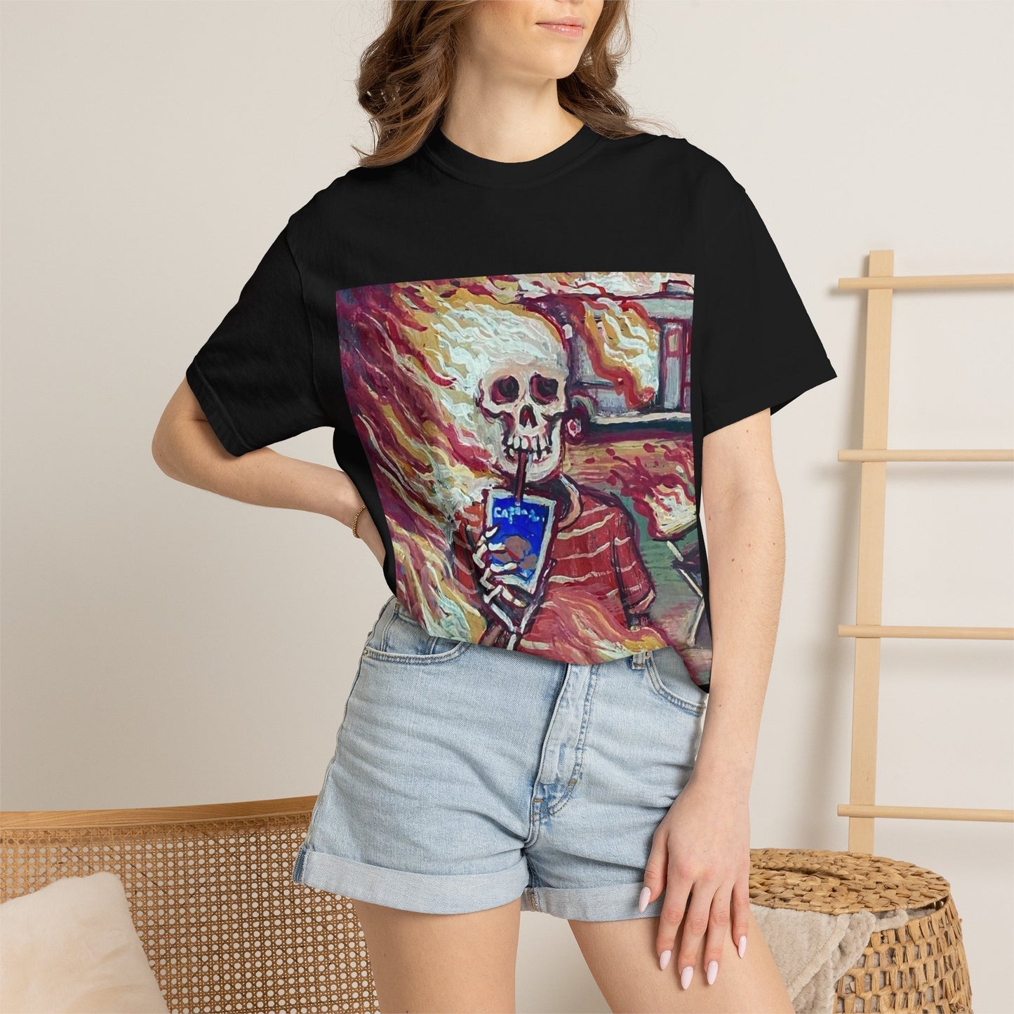 Flaming Skeleton Drinking Soda T-Shirt | Skull Art Graphic Tee