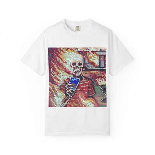 Flaming Skeleton Drinking Soda T-Shirt | Skull Art Graphic Tee