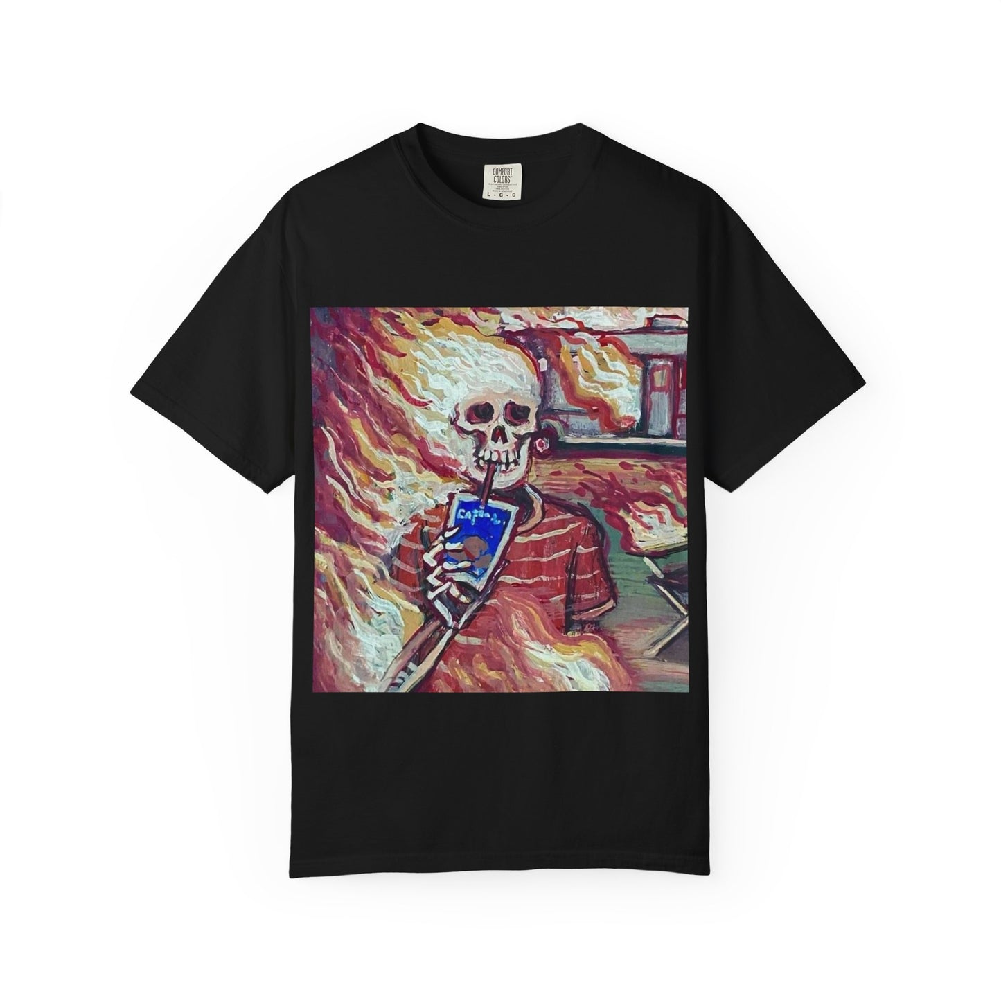 Flaming Skeleton Drinking Soda T-Shirt | Skull Art Graphic Tee