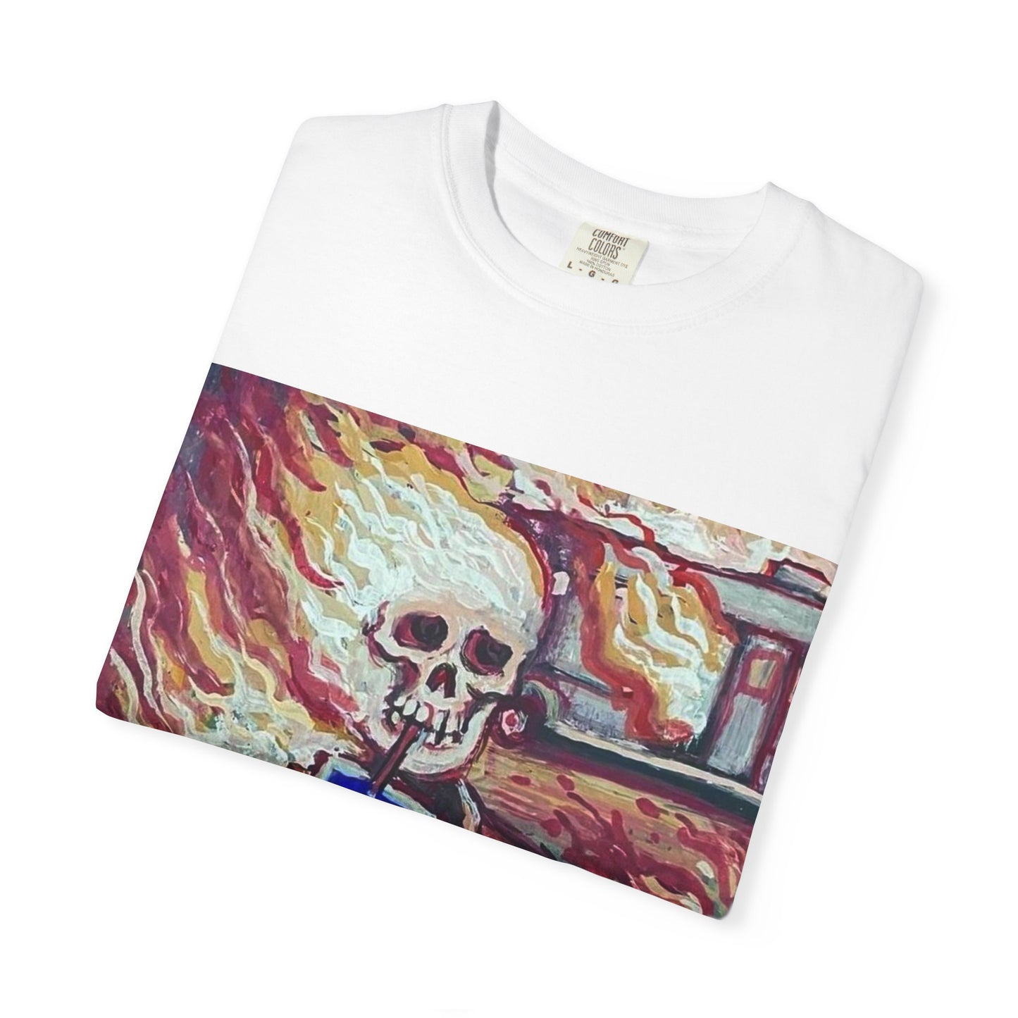 Flaming Skeleton Drinking Soda T-Shirt | Skull Art Graphic Tee