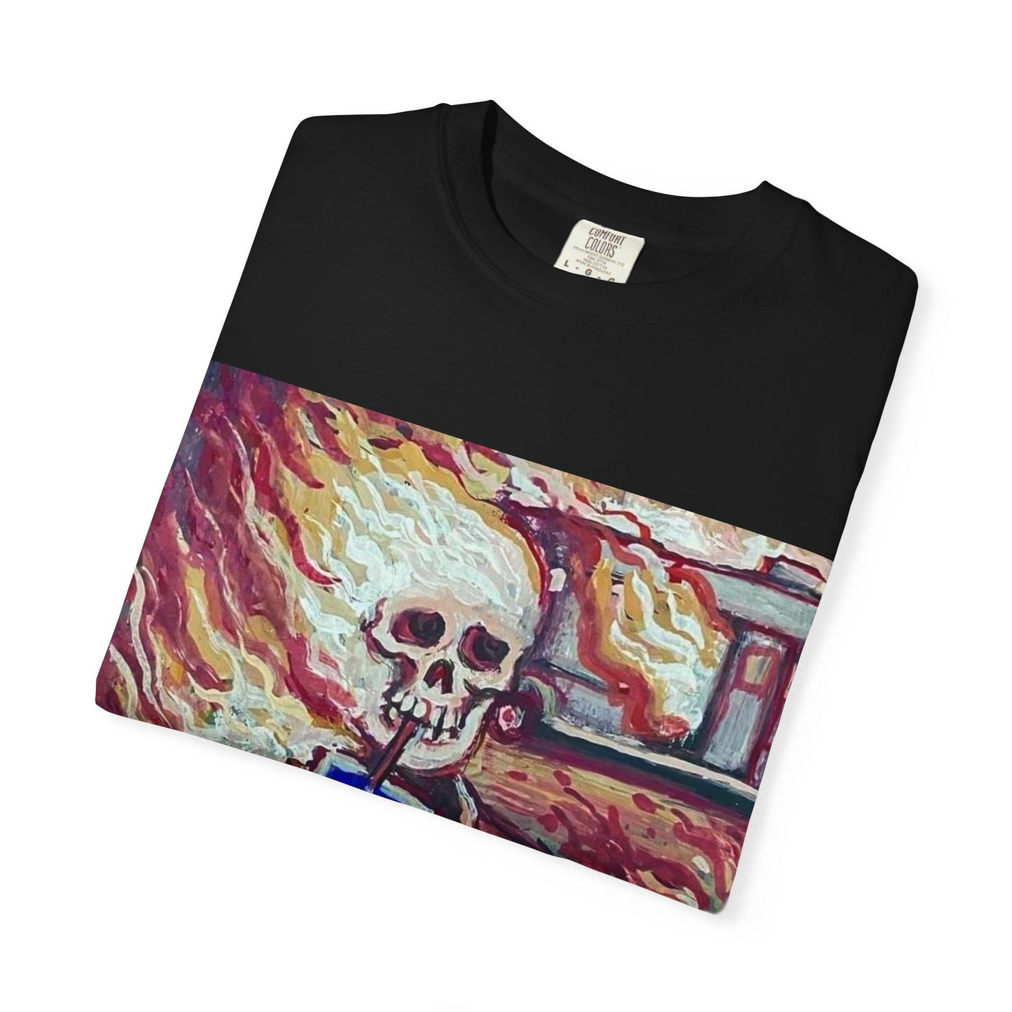 Flaming Skeleton Drinking Soda T-Shirt | Skull Art Graphic Tee
