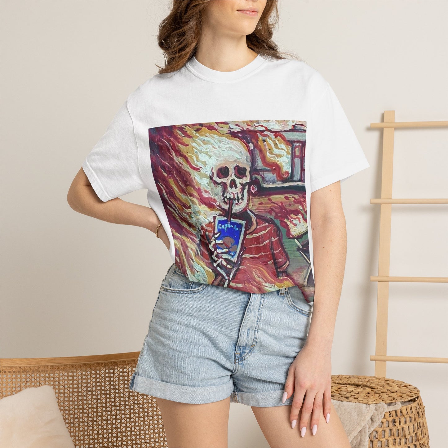 Flaming Skeleton Drinking Soda T-Shirt | Skull Art Graphic Tee